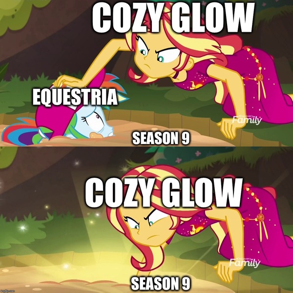 Size: 1080x1080 | Tagged: safe, derpibooru import, cozy glow, rainbow dash, sunset shimmer, equestria girls, season 9, spring breakdown, spoiler:s09, caption, cozy glow's true goal, image macro, implied cozy glow, pure concentrated unfiltered evil of the utmost potency, pure unfiltered evil, quicksand meme, text