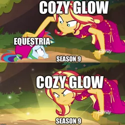 Size: 1080x1080 | Tagged: safe, derpibooru import, cozy glow, rainbow dash, sunset shimmer, equestria girls, season 9, spring breakdown, spoiler:s09, caption, cozy glow's true goal, image macro, implied cozy glow, pure concentrated unfiltered evil of the utmost potency, pure unfiltered evil, quicksand meme, text