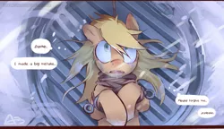 Size: 3840x2205 | Tagged: semi-grimdark, artist:icychamber, derpibooru import, applejack, pony, cold, crying, female, frostpunk, hanging, hanging (by neck), ice, implied rainbow dash, mare, noose, rope, snow, solo, speech bubble