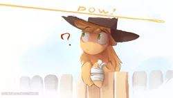 Size: 3840x2162 | Tagged: safe, artist:icychamber, derpibooru import, applejack, pony, applejack's hat, bandage, cowboy hat, female, fence, gunshot, hat, implied granny smith, mare, question mark, simple background, solo, white background