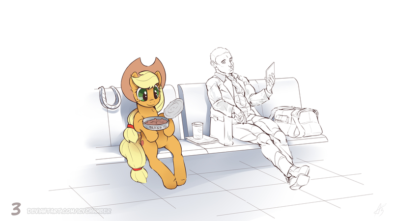 Size: 3840x2162 | Tagged: safe, artist:icychamber, derpibooru import, applejack, earth pony, human, pony, airport, applejack's hat, bag, baked beans, beans, briefcase, clothes, cowboy hat, cute, duo, female, food, frown, hat, hoof fluff, hoof hold, jackabetes, leaning, looking at something, male, man, mare, necktie, partial color, sideways glance, simple background, sitting, sketch, smiling, suit, white background