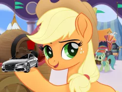 Size: 621x467 | Tagged: safe, derpibooru import, edit, edited screencap, screencap, applejack, unnamed character, unnamed pony, earth pony, pony, my little pony: the movie, applejack's hat, audi, background pony, canterlot, car, cart, cowboy hat, cropped, female, friendship festival, hat, howdy, mare, market, meme, pun, shitposting, solo focus, visual pun