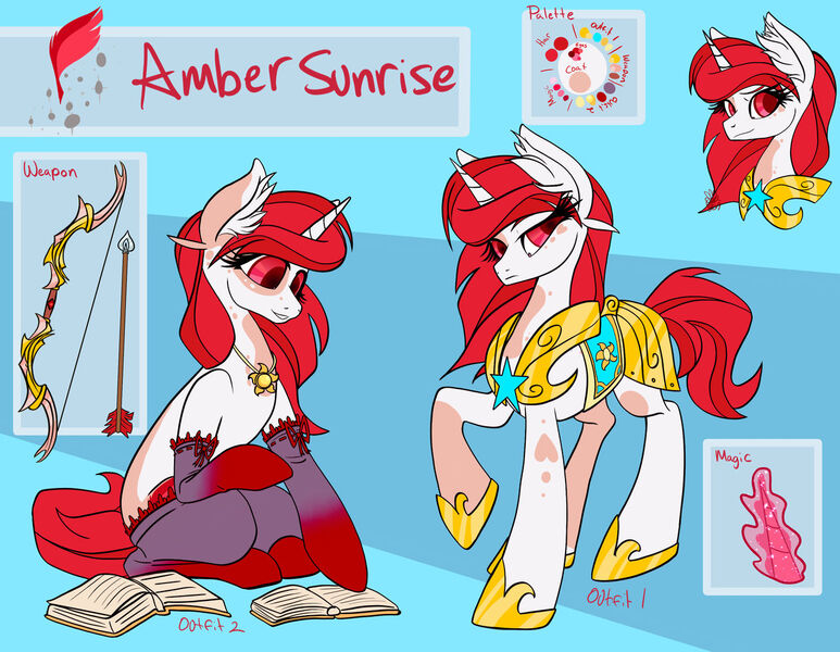 Size: 1280x994 | Tagged: safe, artist:twoshoesmcgee, derpibooru import, oc, oc:amber sunrise, pony, unicorn, armor, arrow, book, bow (weapon), bow and arrow, clothes, female, mare, reference sheet, socks, solo, weapon