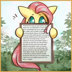 Size: 1200x1200 | Tagged: safe, artist:mirroredsea, derpibooru import, editor:horsesplease, fluttershy, pony, copypasta, fluttershy's reiwa declaration, meme, navy seal copypasta, vulgar