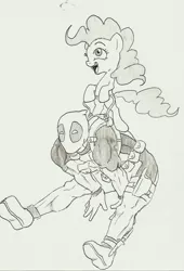 Size: 1503x2214 | Tagged: artist:joelashimself, crossover, crossover shipping, deadpool, derpibooru import, female, male, marvel, pinkie pie, pinkiepool (pairing), safe, straight