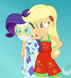 Size: 812x888 | Tagged: safe, derpibooru import, screencap, applejack, rarity, equestria girls, equestria girls series, spring breakdown, spoiler:eqg series (season 2), arm around neck, bare shoulders, clothes, comforting, cropped, dress, geode of shielding, geode of super strength, magical geodes, shipping fuel, sleeveless, smiling, sunglasses, unhappy