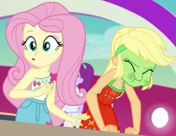 Size: 1273x987 | Tagged: safe, derpibooru import, screencap, applejack, fluttershy, equestria girls, equestria girls series, spring breakdown, spoiler:eqg series (season 2), cropped, green face, puffy cheeks, seasickness, sleeveless