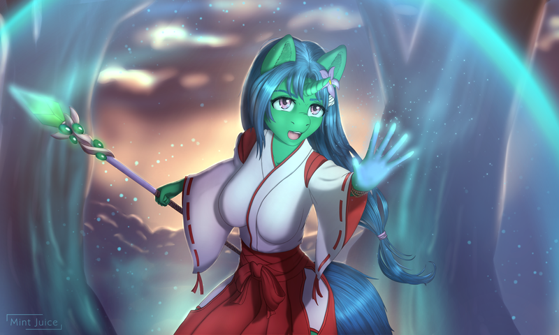 Size: 5000x3000 | Tagged: safe, artist:mintjuice, derpibooru import, oc, oc:natsumi, unofficial characters only, anthro, unicorn, anthro oc, blue hair, clothes, commission, determination, female, force field, forest, image, kimono (clothing), magic, magician, miko, open mouth, png, solo, staff, ych result