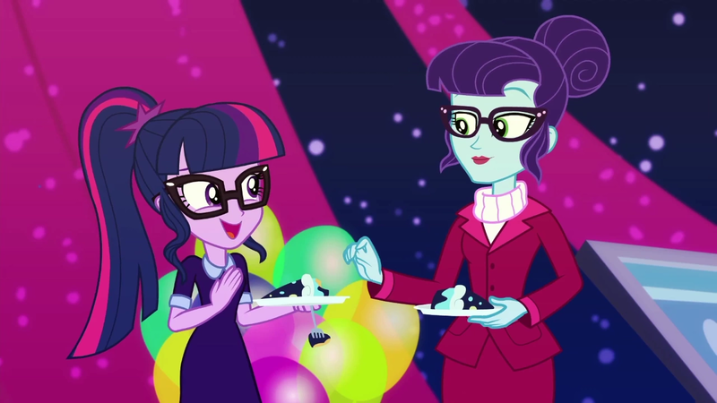 Size: 1280x720 | Tagged: safe, derpibooru import, screencap, rosette nebula, sci-twi, twilight sparkle, equestria girls, equestria girls series, twilight under the stars, spoiler:eqg series (season 2), atomic chocolate cake, cake, chocolate cake, food, glasses, hair bun, ponytail