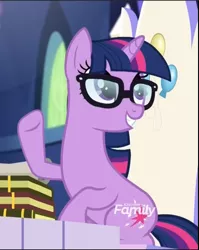 Size: 613x772 | Tagged: safe, derpibooru import, screencap, sci-twi, twilight sparkle, ponified, pony, unicorn, equestria girls, equestria girls series, spring breakdown, spoiler:eqg series (season 2), book, cropped, discovery family logo, equestria girls ponified, friendship throne, looking up, sitting, smiling, unicorn sci-twi