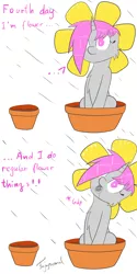 Size: 3000x6000 | Tagged: safe, artist:fajnyziomal, derpibooru import, oc, oc:purple light, unofficial characters only, pony, unicorn, comic:świstek, cheek fluff, chest fluff, disguise, drinking, female, flower costume, flower pot, mare, open mouth, rain, silly, solo