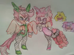 Size: 1040x780 | Tagged: safe, artist:trainerrichie, derpibooru import, scootaloo, twist, earth pony, pegasus, semi-anthro, bunny suit, clothes, cuffs (clothes), female, fishnets, glasses, lesbian, traditional art