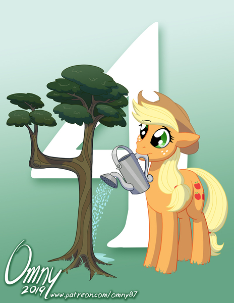 Size: 800x1035 | Tagged: safe, artist:omny87, derpibooru import, applejack, earth pony, pony, season 9, spoiler:s09, 4, applejack's hat, countdown, cowboy hat, female, freckles, hat, hype, mare, mouth hold, solo, tree, watering can