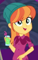 Size: 416x660 | Tagged: safe, derpibooru import, screencap, orange sunrise, equestria girls, equestria girls series, spring breakdown, spoiler:eqg series (season 2), beanie, beverage, cropped, cute, drink, female, hat, solo, straw