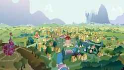 Size: 1360x768 | Tagged: safe, artist:hellswolfeh, derpibooru import, .ai available, apple, apple tree, background, bird's eye view, canterlot, fluttershy's cottage, mountain, no pony, ponyville, ponyville schoolhouse, ponyville town hall, resource, river, scenery, svg, .svg available, sweet apple acres, town, tree, vector, waterfall
