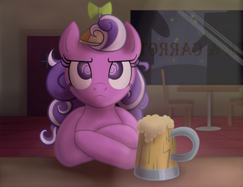 Size: 1300x1000 | Tagged: safe, artist:sixes&sevens, derpibooru import, screwball, pony, bar, chair, cider, female, hat, hooves, mug, night, propeller hat, solo, stars, table, tankard