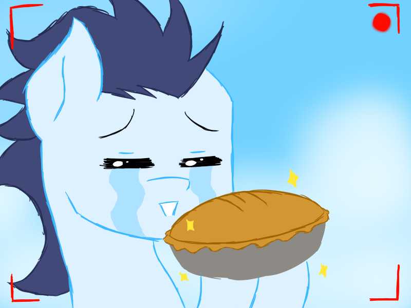 Size: 800x600 | Tagged: crying, derpibooru import, food, hoof hold, pie, recording, safe, soarin', that pony sure does love pies