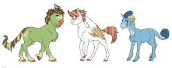 Size: 5000x2000 | Tagged: safe, artist:shimazun, derpibooru import, oc, ponified, unofficial characters only, earth pony, grookey, pegasus, pony, scorbunny, sobble, unicorn, bandaid, bucktooth, chest fluff, colored hooves, female, male, mare, pokemon sword and shield, pokémon, ponymon, realistic horse legs, simple background, socks (coat marking), stallion, transparent background, trio