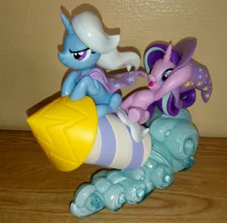 Size: 2350x2304 | Tagged: safe, derpibooru import, starlight glimmer, trixie, pony, duo, fan series, figure, guardians of harmony, irl, photo, rocket, toy, toy interpretation, trixie's rocket