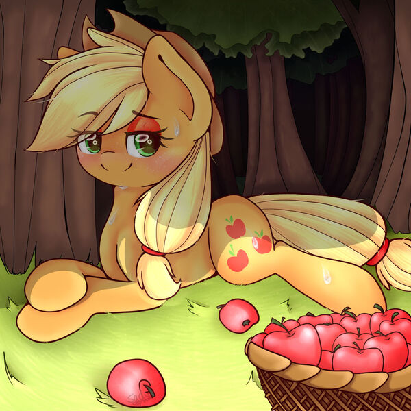 Size: 1280x1280 | Tagged: safe, artist:sadonax, derpibooru import, applejack, earth pony, pony, apple, applejack's hat, bedroom eyes, blushing, cowboy hat, cute, digital art, eye clipping through hair, female, food, hat, image, jackabetes, jpeg, mare, prone, shading, solo, sweat, sweatdrop, tree