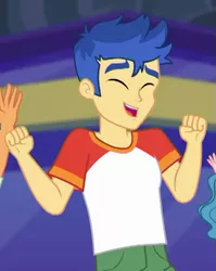 Size: 525x661 | Tagged: safe, derpibooru import, screencap, flash sentry, equestria girls, equestria girls series, spring breakdown, spoiler:eqg series (season 2), arms, clothes, cropped, dancing, eyes closed, male, smiling