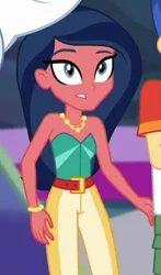 Size: 290x494 | Tagged: safe, derpibooru import, screencap, bulk biceps, desert sage, flash sentry, equestria girls, equestria girls series, spring breakdown, spoiler:eqg series (season 2), background human, bare shoulders, bustier, cropped, jewelry, necklace, sleeveless, solo focus, strapless