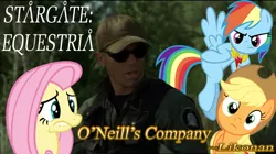 Size: 700x393 | Tagged: safe, derpibooru import, applejack, fluttershy, rainbow dash, earth pony, human, pegasus, pony, annoyed, bosstone, confused, crossover, female, flying, irl, irl human, jack o'neill, male, mare, photo, richard dean anderson, stargate, stargate equestria, stargate sg1, text, worried