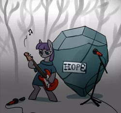 Size: 800x750 | Tagged: safe, artist:tomatocoup, derpibooru import, boulder (pet), maud pie, tom, earth pony, pony, 30 minute art challenge, band, bass guitar, boulder, female, forest, guitar, hoof hold, hope, mare, microphone, music, music notes, musical instrument, pet rock, rock, sign, solo, standing, text, tree