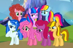 Size: 1574x1027 | Tagged: safe, artist:徐詩珮, derpibooru import, oc, oc:apple shiot, oc:betty pop, oc:bitter flower, oc:cake pie, oc:rainbow beart, oc:sky britt, oc:vesty sparkle, alicorn, earth pony, pegasus, pony, unicorn, alicorn oc, base used, female, friendship, horn, magical lesbian spawn, mare, next generation, offspring, parent:applejack, parent:big macintosh, parent:caramel, parent:cheese sandwich, parent:fancypants, parent:flash sentry, parent:fluttershy, parent:glitter drops, parent:pinkie pie, parent:rainbow dash, parent:rarity, parent:soarin', parent:tempest shadow, parent:twilight sparkle, parents:carajack, parents:cheesepie, parents:flashlight, parents:fluttermac, parents:glittershadow, parents:raripants, parents:soarindash, solo, twilight's castle, wings