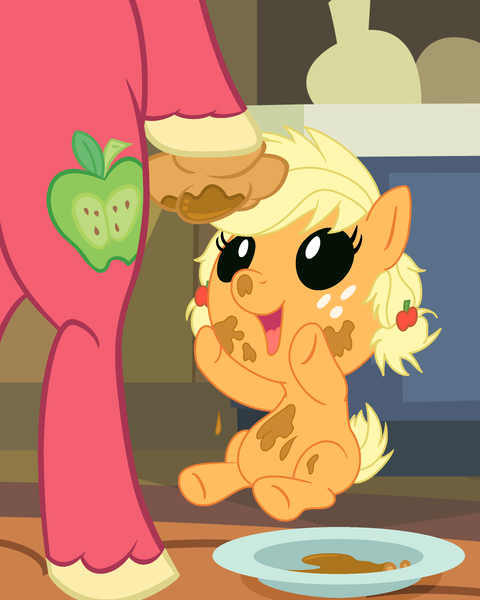 Size: 1920x2400 | Tagged: safe, artist:asai-gomen, artist:beavernator, derpibooru import, edit, applejack, big macintosh, pony, apple fritter (food), baby, baby pony, babyjack, bipedal, female, filly, foal, food, image, male, png, stallion, younger