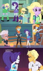 Size: 1280x2124 | Tagged: safe, derpibooru import, screencap, applejack, ragamuffin (equestria girls), rarity, spike, twilight sparkle, dog, equestria girls, equestria girls (movie), equestria girls series, rollercoaster of friendship, spring breakdown, spoiler:eqg series (season 2), background human, disguise, female, geode of shielding, implied lesbian, implied rarijack, implied shipping, magical geodes, male, spike the dog, tara strong, twilight strong