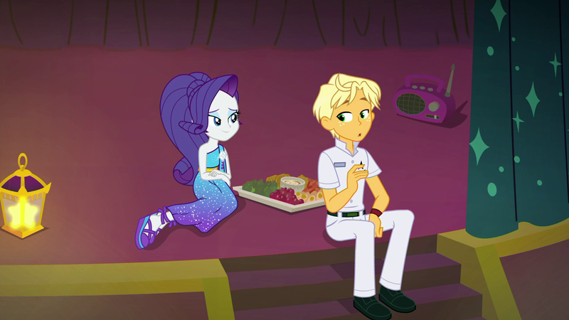 Size: 1920x1080 | Tagged: safe, derpibooru import, screencap, ragamuffin (equestria girls), rarity, equestria girls, equestria girls series, spring breakdown, spoiler:eqg series (season 2), clothes, female, freckles, male, pants, ponytail, shoes, sitting, smiling