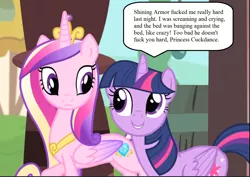 Size: 1310x927 | Tagged: suggestive, derpibooru import, edit, screencap, princess cadance, shining armor, twilight sparkle, twilight sparkle (alicorn), alicorn, pony, three's a crowd, cropped, cute, dialogue, duo, incest, looking at each other, princess cuckdance, smiling, twiabetes