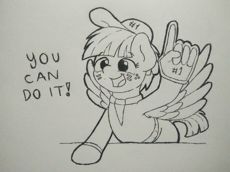 Size: 1280x960 | Tagged: safe, artist:ljdamz1119, derpibooru import, windy whistles, pegasus, pony, #1, cap, cheering, clothes, cute, foam finger, hat, lineart, monochrome, open mouth, solo, spread wings, traditional art, windybetes, wings