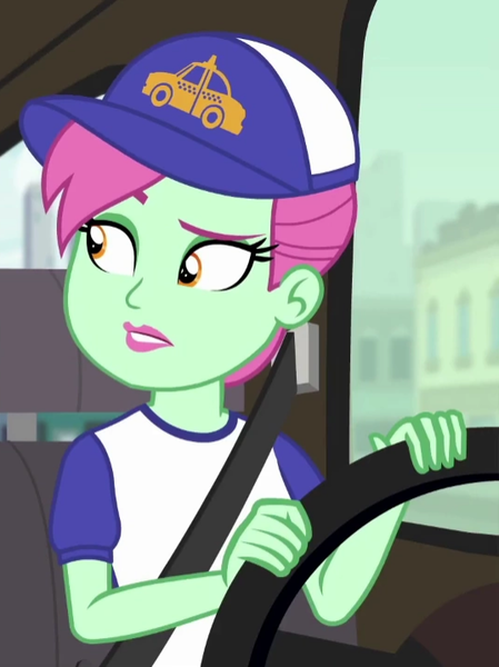 Size: 537x718 | Tagged: safe, derpibooru import, screencap, cab callaway, equestria girls, equestria girls series, fomo, spoiler:eqg series (season 2), background human, cropped, female, hat, seatbelt, solo, steering wheel, taxi, taxi driver