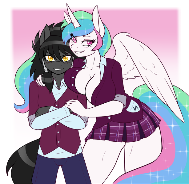 Size: 893x873 | Tagged: suggestive, artist:ambris, derpibooru import, princess celestia, oc, oc:midnight radiance (sixpathspony), alicorn, anthro, earth pony, absolute cleavage, anthro oc, blushing, boob squish, breasts, busty princess celestia, canon x oc, cleavage, clothes, crystal prep academy uniform, eyelashes, eyeshadow, makeup, male, miniskirt, rolled up sleeves, schoolgirl, school uniform, size difference, skirt, smaller male, smiling, thighs, unbuttoned