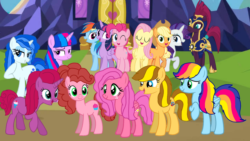 Size: 1920x1080 | Tagged: safe, artist:徐詩珮, derpibooru import, applejack, fizzlepop berrytwist, fluttershy, pinkie pie, rainbow dash, rarity, tempest shadow, twilight sparkle, twilight sparkle (alicorn), oc, oc:apple shiot, oc:betty pop, oc:bitter flower, oc:cake pie, oc:rainbow beart, oc:sky britt, oc:vesty sparkle, alicorn, earth pony, pegasus, pony, unicorn, my little pony: the movie, alicorn oc, base used, female, friendship, generic fluttermac foal, horn, magical lesbian spawn, mane six, mare, mother and child, mother and daughter, next generation, offspring, parent:applejack, parent:big macintosh, parent:caramel, parent:cheese sandwich, parent:fancypants, parent:flash sentry, parent:fluttershy, parent:glitter drops, parent:pinkie pie, parent:rainbow dash, parent:rarity, parent:soarin', parent:tempest shadow, parent:twilight sparkle, parents:carajack, parents:cheesepie, parents:flashlight, parents:fluttermac, parents:glittershadow, parents:raripants, parents:soarindash, royal guard, tempest becomes a royal guard, twilight's castle, wings