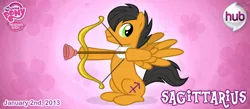 Size: 748x326 | Tagged: safe, artist:patchwerk-kw, derpibooru import, official, ponified, pony, arrow, bow (weapon), bow and arrow, horoscope, ponyscopes, sagittarius, weapon, zodiac