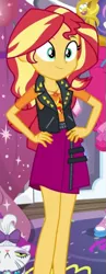 Size: 255x659 | Tagged: safe, derpibooru import, screencap, opalescence, pinkie pie, sunset shimmer, cat, equestria girls, equestria girls series, fomo, spoiler:eqg series (season 2), clothes, cropped, female, geode of empathy, leather vest, legs, magical geodes, skirt, smiling