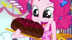 Size: 1920x1080 | Tagged: safe, derpibooru import, screencap, pinkie pie, puffed pastry, equestria girls, equestria girls series, spring breakdown, spoiler:eqg series (season 2), bundt cake (food), cake, cute, diapinkes, faic, female, food, geode of sugar bombs, magical geodes, offscreen character, open mouth, sleeveless, smiling, wavy mouth