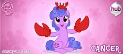 Size: 748x328 | Tagged: safe, artist:patchwerk-kw, derpibooru import, official, ponified, crab, pony, cancer (horoscope), cute, horoscope, open mouth, ponyscopes, sitting, smiling, zodiac