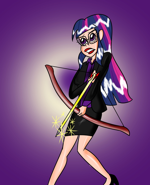 Size: 1373x1700 | Tagged: abstract background, arrow, artist:ajustice90, bow and arrow, bow (weapon), chrono trigger, clothes, crossover, derpibooru import, fanfic art, fanfic:chrono reflect, female, glasses, human, humanized, safe, solo, twilight sparkle, weapon