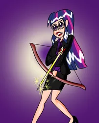 Size: 1373x1700 | Tagged: abstract background, arrow, artist:ajustice90, bow and arrow, bow (weapon), chrono trigger, clothes, crossover, derpibooru import, fanfic art, fanfic:chrono reflect, female, glasses, human, humanized, safe, solo, twilight sparkle, weapon