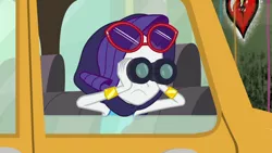 Size: 1280x720 | Tagged: safe, derpibooru import, screencap, rarity, equestria girls, equestria girls series, fomo, spoiler:eqg series (season 2), binoculars, bracelet, female, jewelry, shawl, spying, sunglasses, taxi