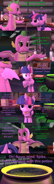 Size: 1920x6480 | Tagged: 3d, alicorn, artist:papadragon69, bottle, cauldron, comic, comic:spike's cyosa, cyoa, derpibooru import, dragon, implied ocellus, laboratory, older, older spike, paper, potion, questionable, school of friendship, source filmmaker, spike, teenager, teenage spike, twilight sparkle, twilight sparkle (alicorn), winged spike