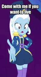 Size: 583x1080 | Tagged: safe, derpibooru import, edit, edited screencap, screencap, trixie, equestria girls, equestria girls series, spring breakdown, spoiler:eqg series (season 2), clothes, come with me if you want to live, cropped, dress, female, hat, movie reference, skirt, socks, solo, terminator, text edit, thigh highs, top hat, zettai ryouiki