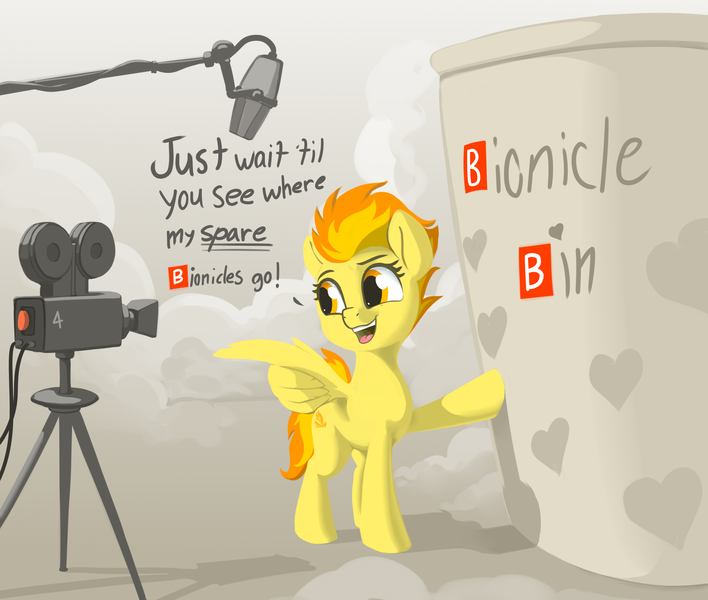 Size: 4096x3472 | Tagged: safe, artist:dimfann, artist:wenni, derpibooru import, spitfire, pegasus, pony, bin, bionicle, boom mic, camera, collaboration, dialogue, female, lego, mare, microphone, solo, spitfire's bionicles, wing hands, wingers, wings, 🅱