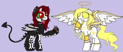 Size: 2240x960 | Tagged: semi-grimdark, artist:rosefang16, derpibooru import, oc, oc:bone meal (ice1517), oc:golden laurel (ice1517), unofficial characters only, angel pony, demon, demon pony, original species, pegasus, pony, angel, anklet, bat wings, blue background, bracelet, chest fluff, choker, colored sclera, decaying, ear piercing, earring, eyeshadow, facial hair, fangs, female, goatee, halo, heart, horns, jewelry, leg fluff, makeup, male, mare, markings, nose piercing, nose ring, oc x oc, open mouth, piercing, raised hoof, shipping, shrunken pupils, simple background, spiked choker, stallion, straight, wings, wristband