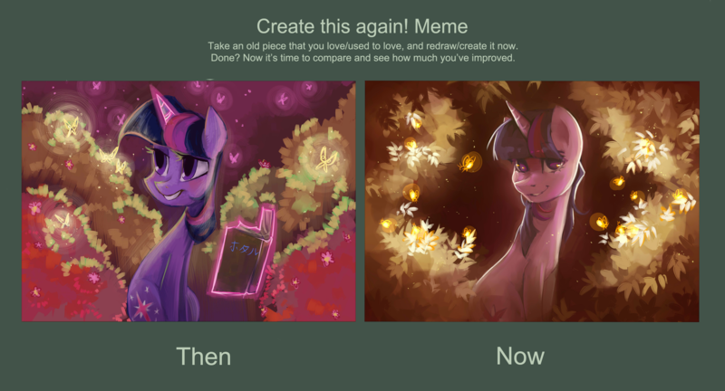 Size: 2960x1600 | Tagged: safe, artist:my-magic-dream, derpibooru import, twilight sparkle, firefly (insect), insect, pony, unicorn, book, comparison, draw this again, japanese, redraw, solo, unicorn twilight