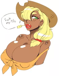 Size: 1027x1327 | Tagged: applejack, applejack's hat, artist:scarfyace, big breasts, bimbo, breasts, bucktooth, bust, busty applejack, cleavage, clothes, cowboy hat, dark skin, derpibooru import, erect nipples, female, freckles, hair over one eye, hair tie, hat, huge breasts, human, humanized, lipstick, looking away, makeup, moderate dark skin, nipple outline, red lipstick, shoulder freckles, simple background, solo, solo female, straw, straw in mouth, suggestive, vulgar